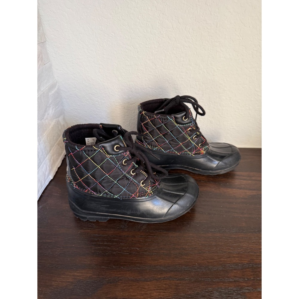 Sperry Saltwater Kids Black Quilted Rainbow Stitch Duck Boots Size 1M
